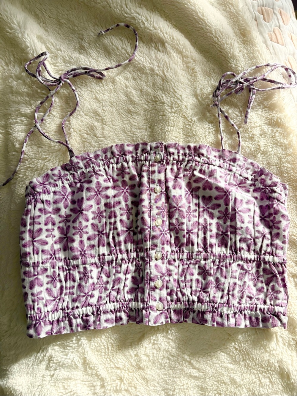 Aerie Purple Floral Smocked Tie-Strap Top